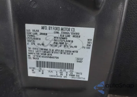 2005 Ford F-150 Fx4/Lariat/Xl/Xlt z USA, uszkodzony, nr VIN 1FTPX14535NB60700